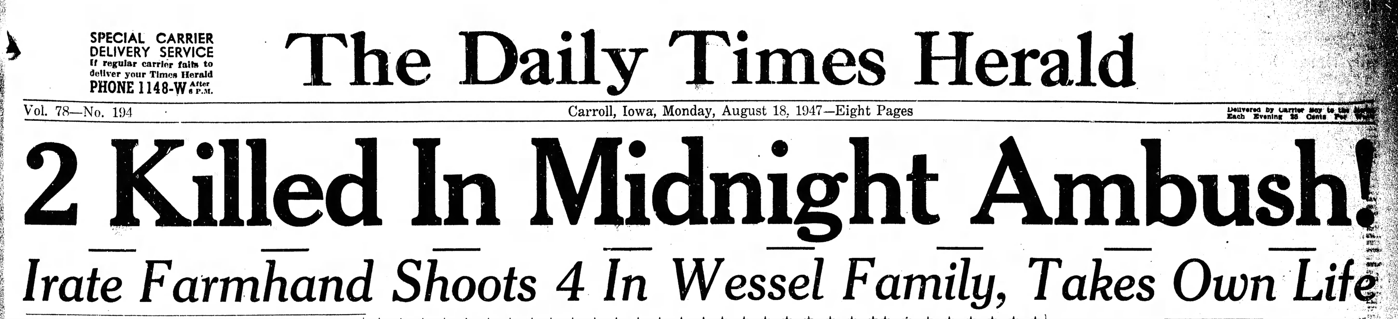 Carroll Daily Times Herald banner headline, August 18, 1947