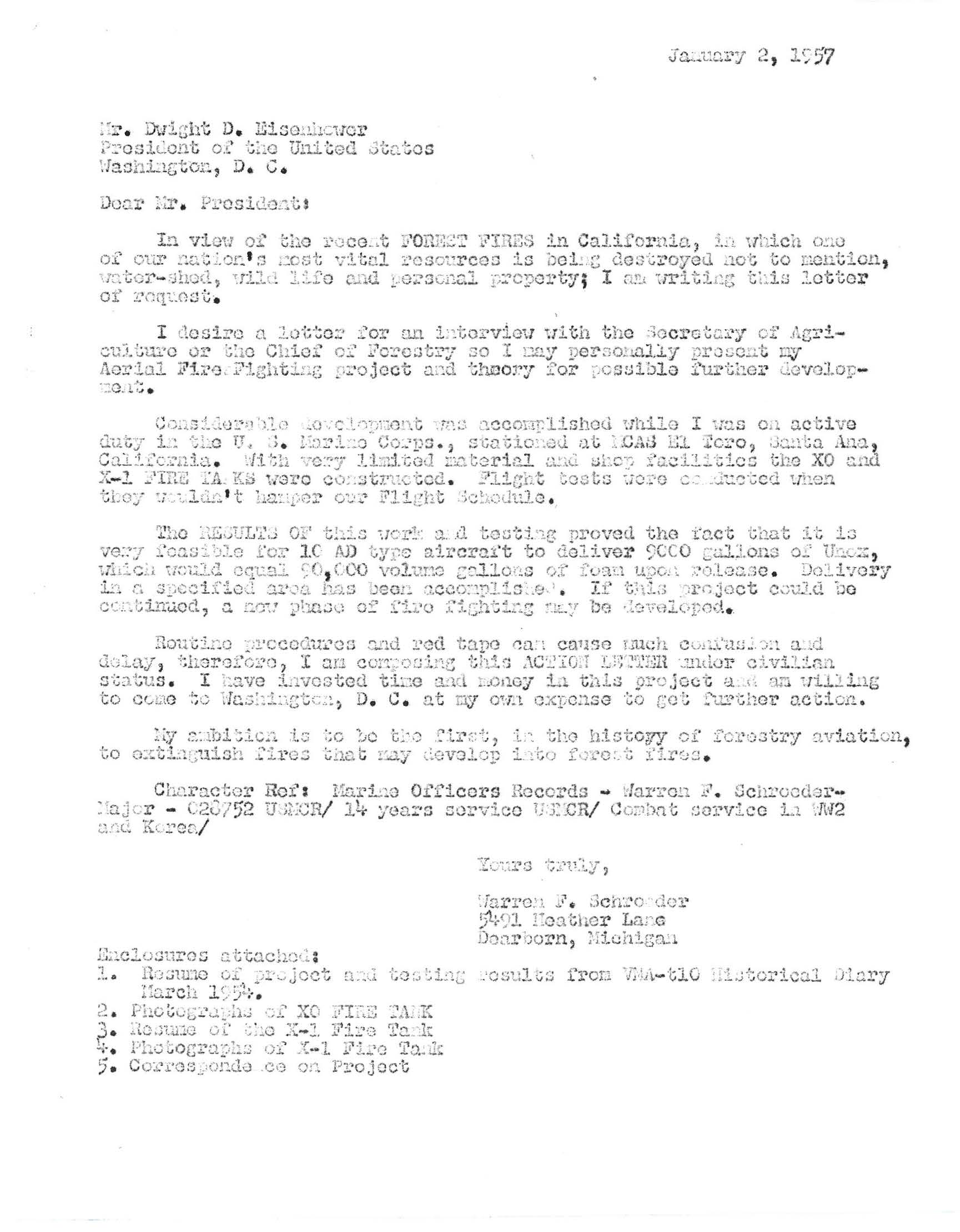 Letter to President Eisenhower from Warren F. Schroeder